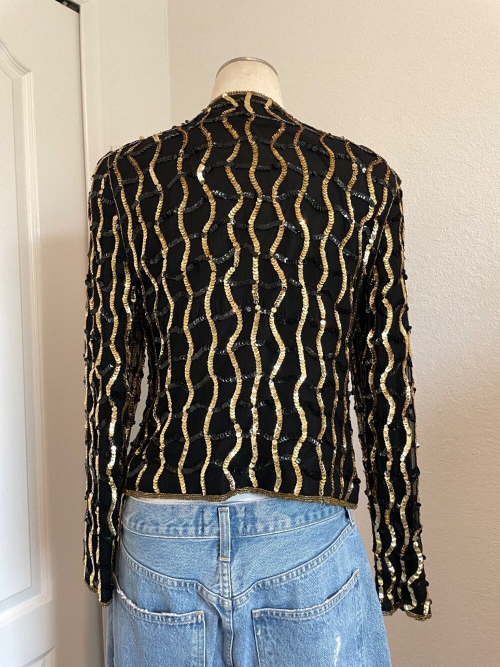 Vintage 1990s Nite Line Maximalist Black + Gold Silk Sequin Top Women’s Medium - Picture 9 of 16